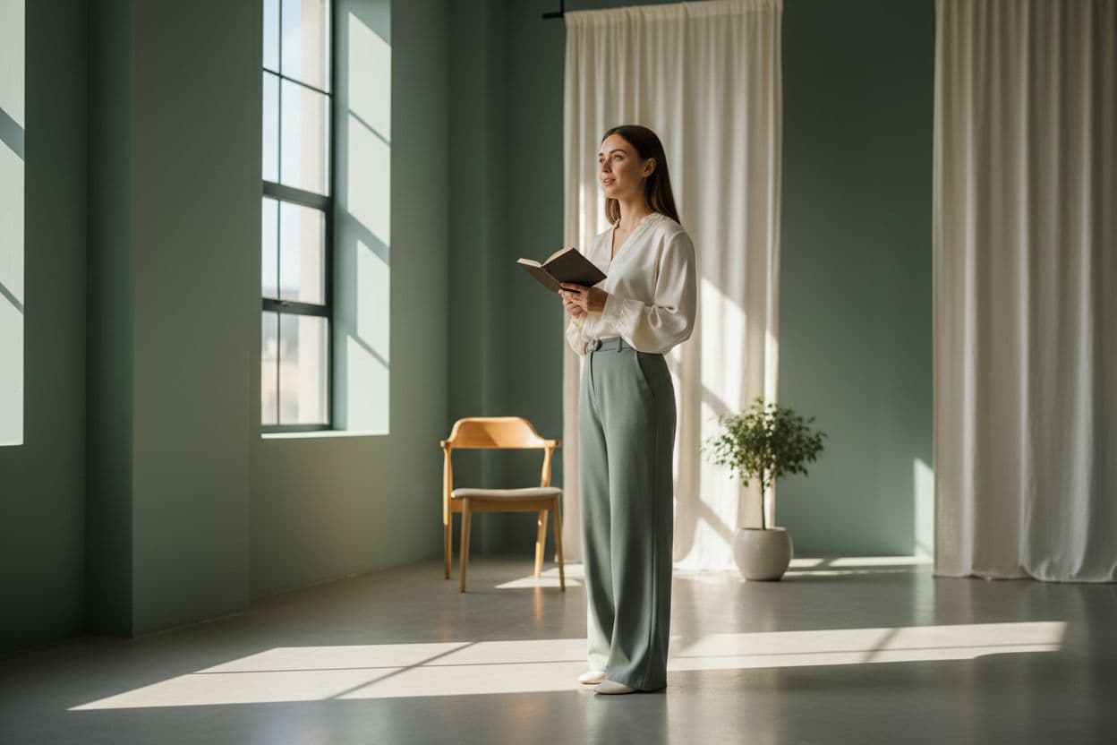 Calmly practicing a speech in a sunlit room